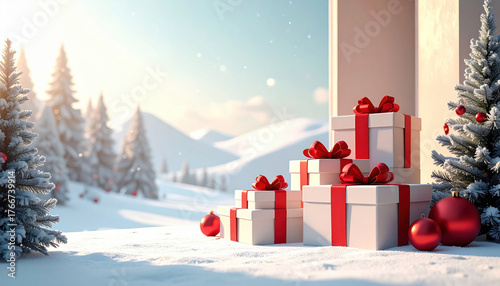 Festive winter scene with gift boxes and red ribbons in snowy landscape, surrounded by decorated trees