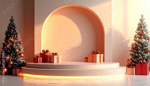 Festive scene with Christmas trees and gift boxes on round podium, illuminated by warm lighting