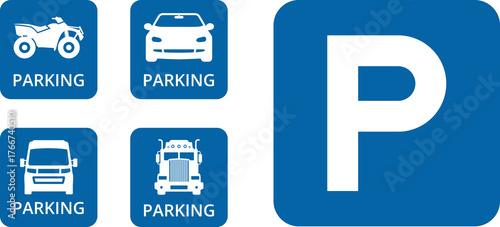 Parking sign. Blue square Car parking icon with white letter P, car parking area sign. Car, bus, trolleybus, truck, bike, motorbike, scooter parking icon.