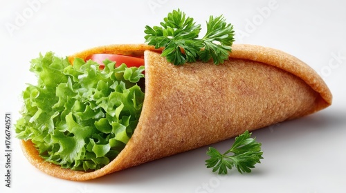 Fresh Vegetable Wrap Sandwich with Crisp Lettuce and Tomato Garnished with Parsley on a White Background