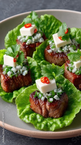 Gourmet Appetizer Bites Featuring Seared Beef Cubes Topped With Tofu Cheese Herbs And Chili Slices Served On Crisp Lettuce Wraps In A Shallow Ceramic Bowl With A Dark Textured Background
