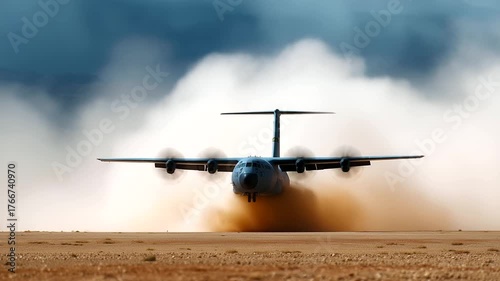 Military transport aircraft landing on a dusty desert runway, engines stirring up clouds of sand, showcasing power