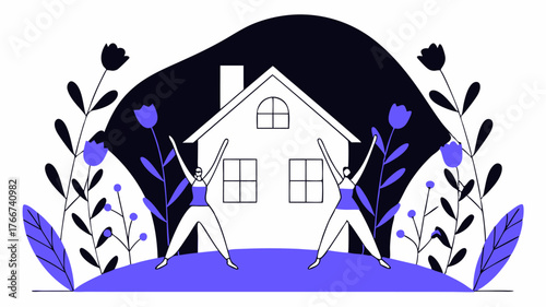 A tranquil scene of neighbors practicing yoga on the garden lawn surrounded by fragrant herbs and wildflowers swaying gently in the breeze.