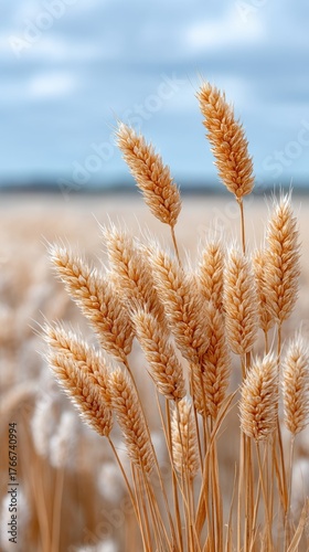 Close Up Of Golden Wheat Stalks In A Field Under A Bright Blue Sky With Soft Clouds And A Blurred Agricultural Background