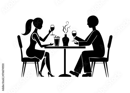 lhouette couple drinking at table, romantic dinner date, man and woman conversation, sitting together in cafe, elegant scene, love relationship concept, evening time.