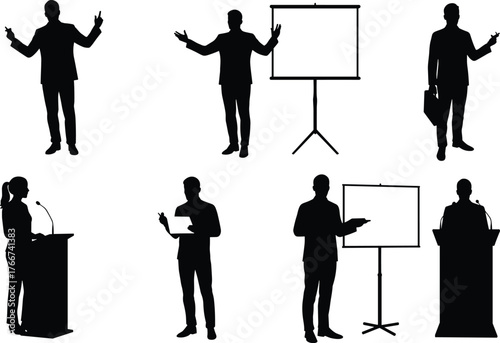 Silhouette of people giving presentations, public speaking, business seminar, professional training, conference speaker, leadership communication, audience engagement illustration