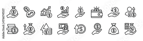 Financial income thin line icon set. Money, earnings, savings, dollar currency, wallet, budget, growth up arrow, wages, billfold, wealth, calculate tax, salary, profit, coin - vector illustration