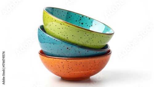 Stack of colorful ceramic bowls isolated on white background