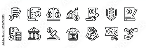 Financial policy icon set. Contains tax deduction, accounting, taxes discount cut, contract agreement protection, bank, law, checklist, growth chart, insurance cost, loan deadline. Vector illustration
