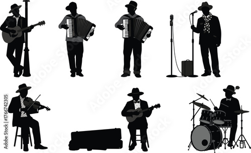 Silhouette of jazz musicians playing instruments, guitarist, drummer, accordion player, violinist, and singer performing, music band illustration