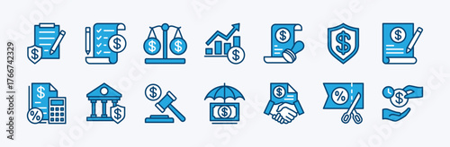 Set of financial policy icon. Accounting, tax deduction, taxes discount cut, contract agreement protection, bank, law, checklist, growth chart, insurance cost, loan deadline - vector illustration