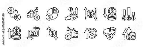 Money exchange rate icon set. Contains dollar growth chart, currency circular arrow flow, financial change, conversion, transaction, transfer, graph, diagram, income and outcome. Vector illustration