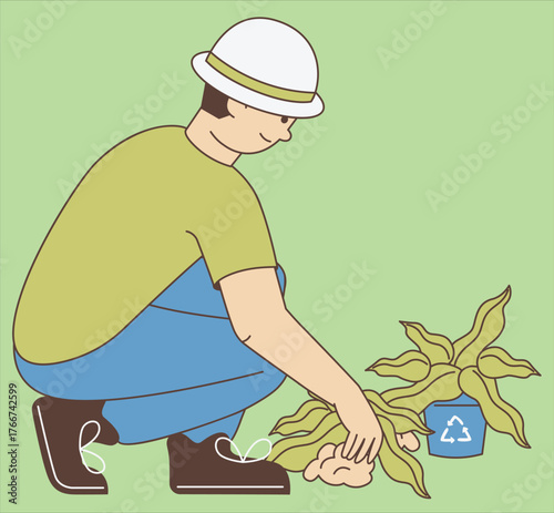 Man Collecting Trash While Gardening