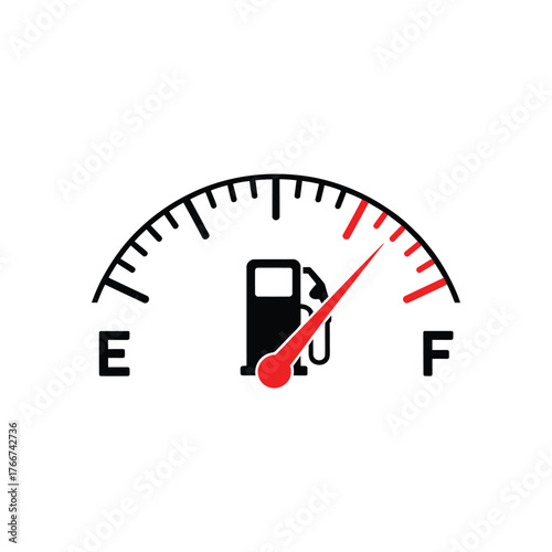 Close up of a car s fuel gauge showing the needle pointing towards full