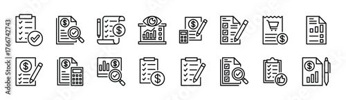 Report document thin line icon set. Contains payment bill, clipboard, receipt, invoice, checklist, form, note, statement, tax calculation, financial data, notepad, analysis paper. Vector illustration