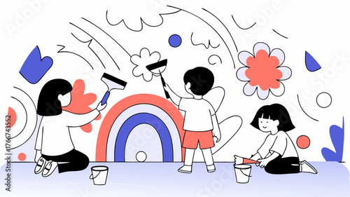 Children and adults painting a mural together on a wall showcasing bright colors and whimsical designs with paintbrushes and buckets tered around.