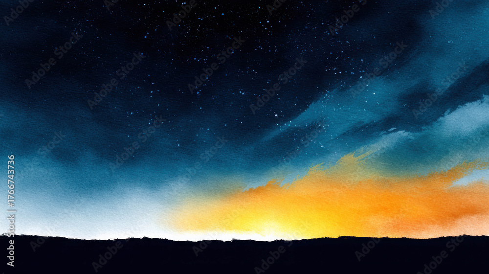 Fototapeta premium Moody Watercolor Illustration of a Soft Sky at Dusk with Stars and Cinematic Blue and Orange Gradient for Dreamy Backgrounds
