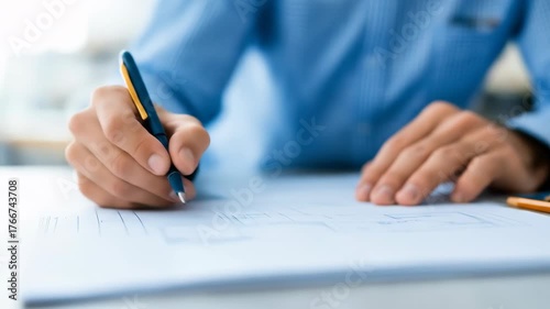 Man's hand writing with a pen on a document possibly architectural or engineering plans with other pencils resting nearby on a light colored surface and blurred background