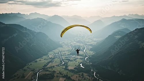 Paraglider soaring gracefully over a breathtaking mountain valley landscape.