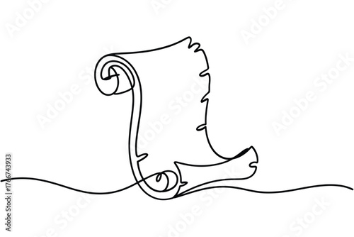 Minimalist continuous line drawing of an ancient rolled parchment scroll on a white background