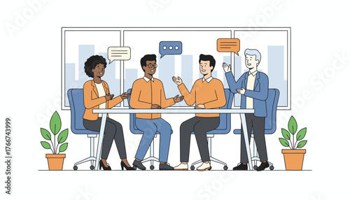 Diverse business professionals participating in an office meeting, discussing new ideas and collaborating effectively, with speech bubbles indicating active communication