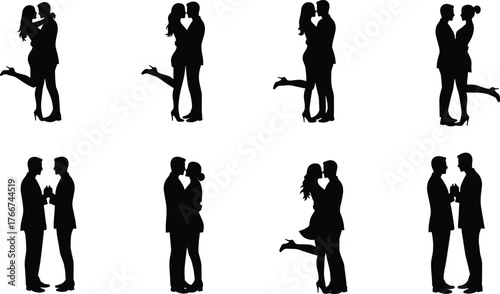 Romantic couple silhouettes, love, kiss, and embrace poses, LGBT and heterosexual couples, affection, romance, and relationship vector design illustration