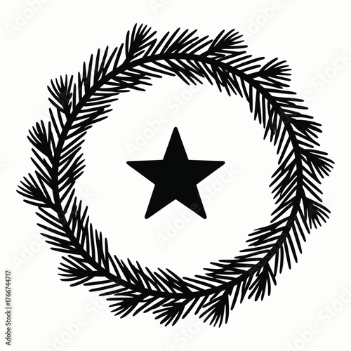 Elegant Black-and-White Christmas Wreath with Central Star: Timeless Holiday Symbol of Peace and Celebration


