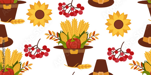 Festive seamless pattern with sunflowers, rowan berries, pilgrim hat, and autumn harvest elements. Flat design perfect for Thanksgiving, textiles, wrapping paper, and seasonal decorations.