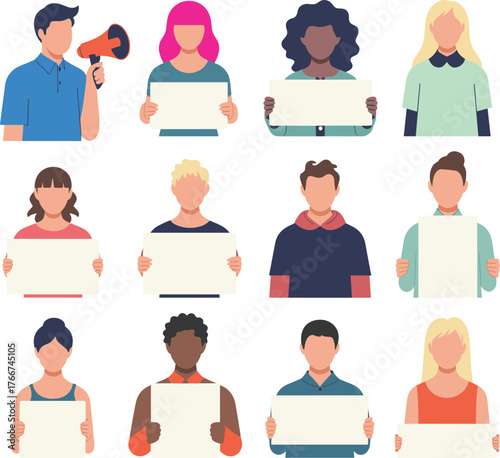 Diverse group of people holding blank protest signs, unity in activism, customizable message concept, social awareness, equality, communication, vector illustration