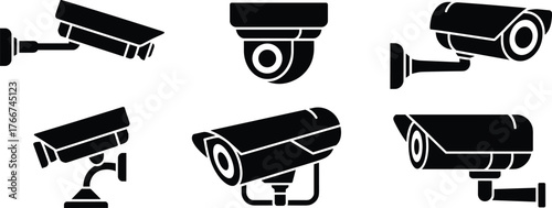 Surveillance camera icon set, security system vector, CCTV equipment illustration, black and white minimal design, monitoring technology, isolated clipart