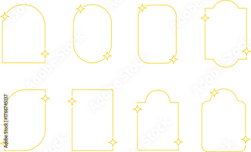 Frame with stars set border, gold frame with sparkle stars, arches border icon, festive effect decoration sign, trendy geometric template. New year christmas background 2026.