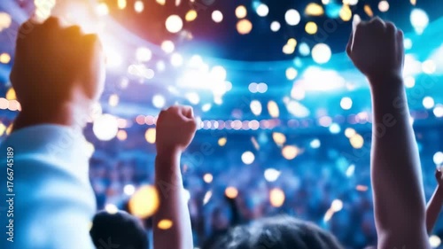 Raised clenched fist in the foreground of a vibrant indoor arena with bokeh lights and blurry figures in the background under bright overhead lighting with confetti