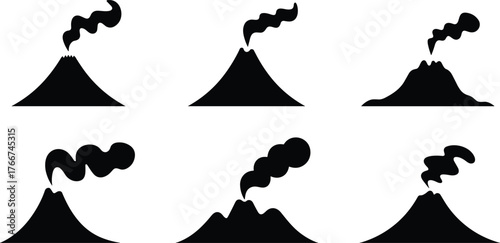 Volcano eruption silhouette icons, black smoke vector set, volcanic activity symbols, natural disaster illustrations, isolated eruption graphics for geology content