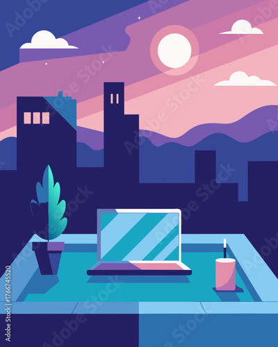 A tranquil rooftop sanctuary was made complete by the presence of a sleek and efficient laptop.. Vector illustration