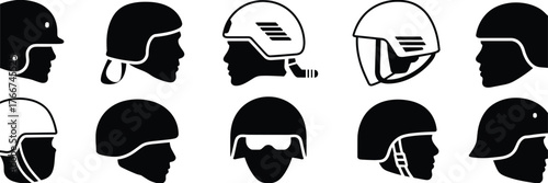 Helmet silhouette icons set, military, sports, aviation, motorbike, safety headgear, black vector profile, protective equipment, side view illustration