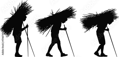 Silhouette of rural workers carrying wood bundles, walking with sticks, traditional lifestyle, labor, endurance, countryside people, vector illustration, black and white