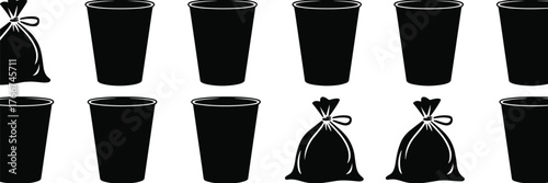 Garbage bag and trash can silhouette icons, waste disposal symbols, sanitation equipment vector set, black isolated pictogram collection