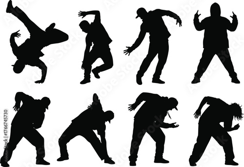 Hip hop dancer silhouette, breakdance pose, street dance energy, urban choreography, black figure motion, freestyle jump, expressive movement art
