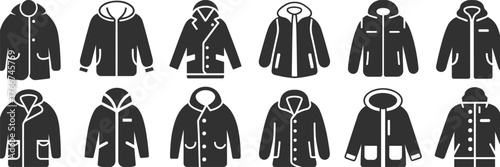 Winter coat icons, fashion outerwear silhouettes, jacket styles collection, black and white vector set, seasonal clothing design, minimalist garment illustration