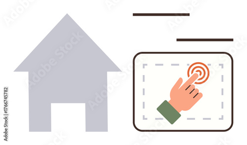 Hand interacting with touchscreen next to a house silhouette, symbolizing smart home automation. Ideal for technology, IoT, innovation, smart living, control systems, modern design, simple flat