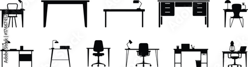 Desk silhouette vector set, workspace icons, office furniture collection, chair and table combinations, minimalist interior elements, black isolated illustrations