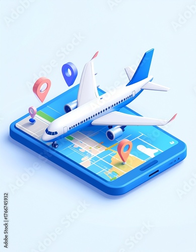 A 3D illustration of an airplane resting on a smartphone displaying a map with location pins, symbolizing travel planning and navigation.