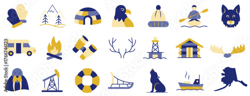A set of icons dedicated to Alaska. A set of icons in the colors of national flags. I love Alaska.