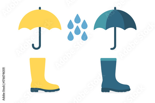 Colorful umbrellas and rain boots icons with falling water drops