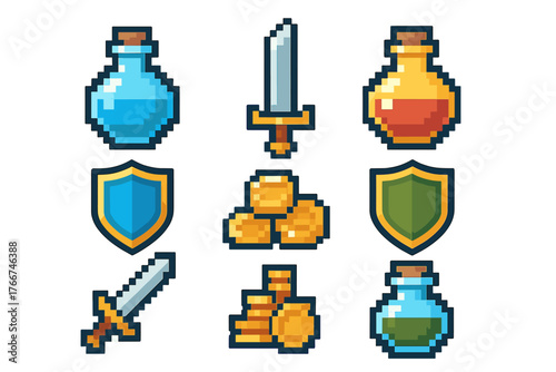 Pixel art game inventory icons set featuring sword shield potion and gold