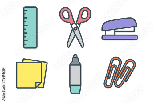 Colorful icons of essential office and school stationery items