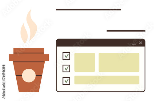 Coffee cup beside a task list interface with checkboxes, representing productivity, focus, and task completion. Ideal for office culture, time management, planning, motivation, workflow remote work