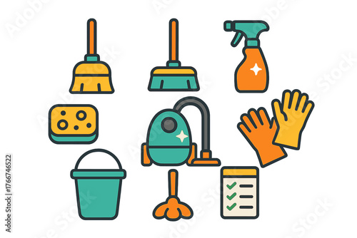 Colorful icons depicting various household cleaning supplies and chores