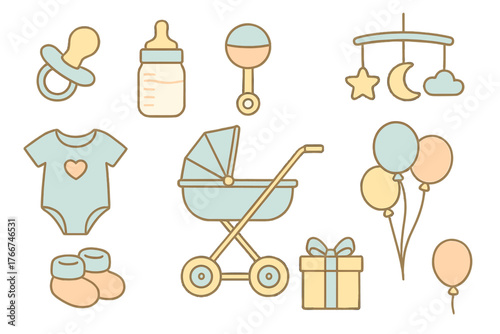 Pastel baby shower icons featuring stroller and gift box