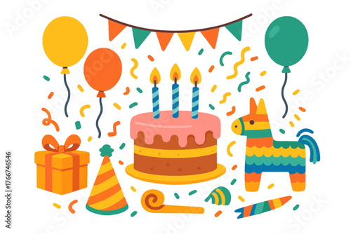 Vibrant collection of birthday party icons featuring cake and pinata